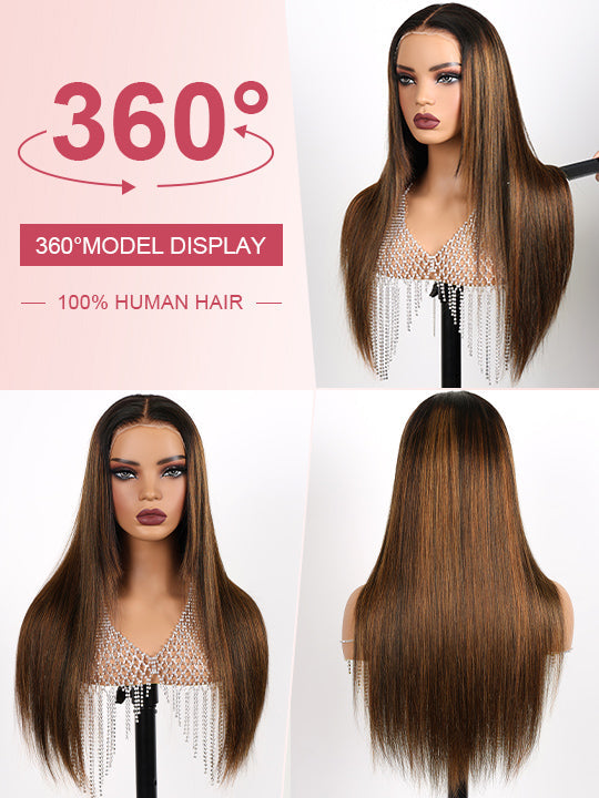 #FB30 Brown Highlights Straight Full 13x4 Lace Frontal Human Hair Wigs