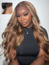 Kisslove Honey Blonde Highlights Body Wave Invisi-Drawstring Snug Fit 360 Lace Wig Glueless Human Hair Wigs
