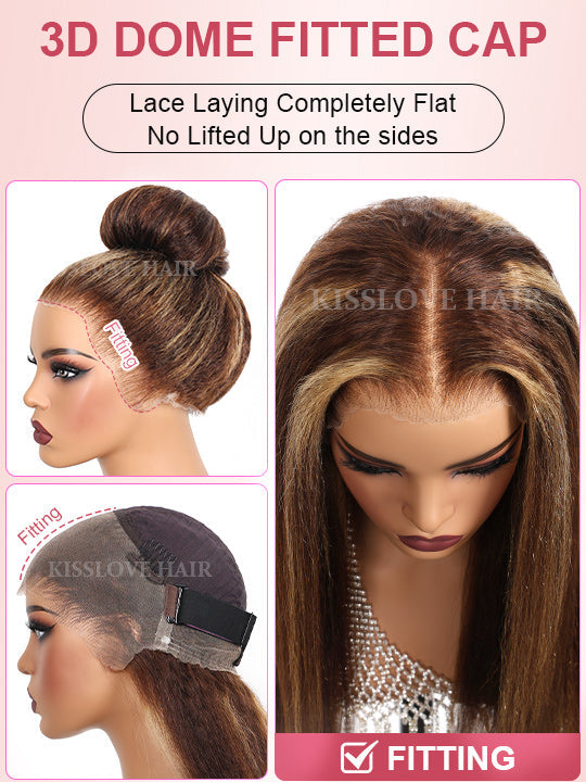 KissLove Honey Blonde Highlights 360 Lace Wig Kinky Straight Hair with Glueless Invisi-Drawstring Cap