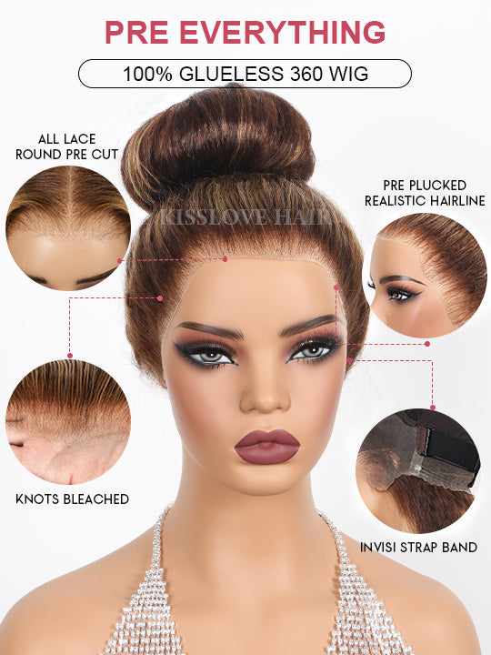Kisslove Honey Blonde Highlights Kinky Curly Invisi-Drawstring 360 Glueless Lace Wig