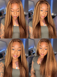 KissLove Honey Blonde Highlights 360 Lace Wig Kinky Straight Hair with Glueless Invisi-Drawstring Cap