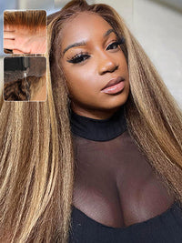 KissLove Honey Blonde Highlights 360 Lace Wig Kinky Straight Hair with Glueless Invisi-Drawstring Cap