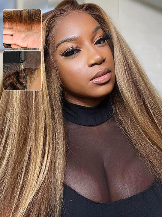 KissLove Honey Blonde Highlights 360 Lace Wig Kinky Straight Hair with Glueless Invisi-Drawstring Cap