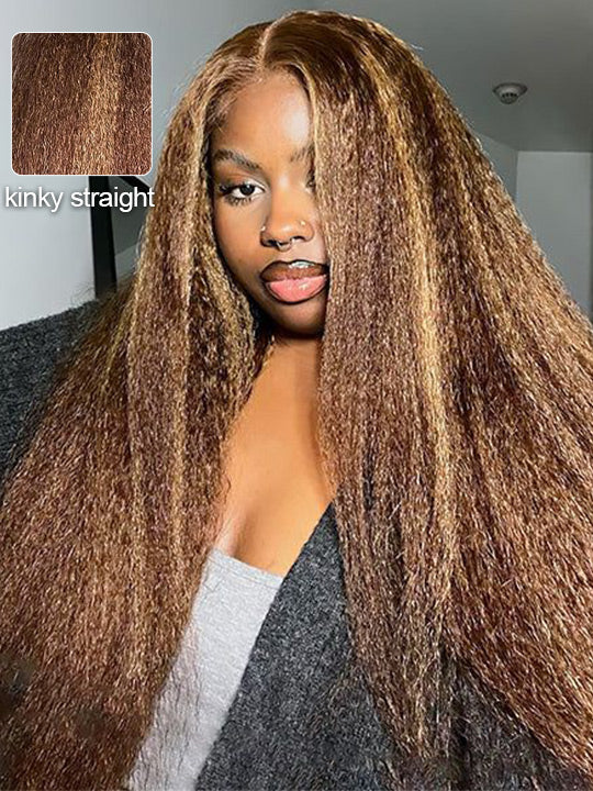 KissLove Honey Blonde Highlights 360 Lace Wig Kinky Straight Hair with Glueless Invisi-Drawstring Cap