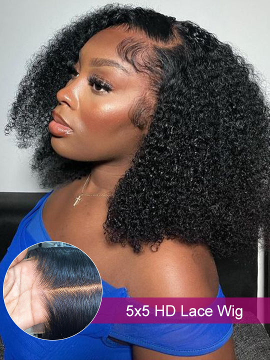 Double Drawn Kinky Curly Glueless 5x5 HD Lace Closure Wig Brazilian Human Hair Wigs