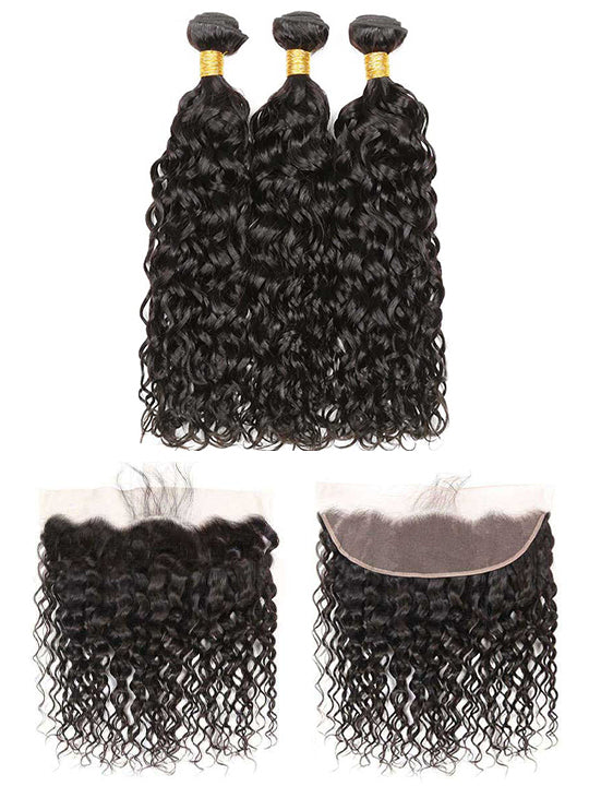 13*4 HD Lace Frontal Closure With Bundles Water Wave 12A Brazilian Virgin Hair Weave