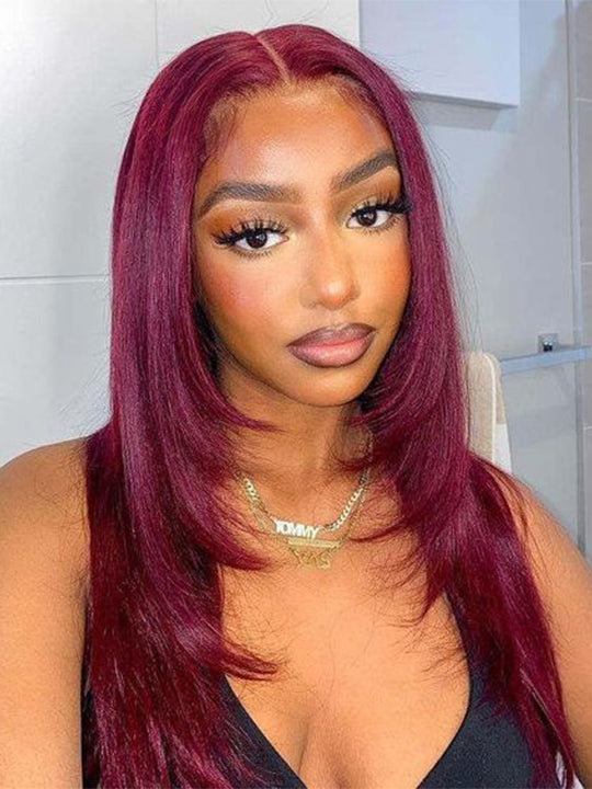 Layered Wig Straight Hair 99J Burgundy Pre Styled 13x6 Lace Front Human Hair Wigs