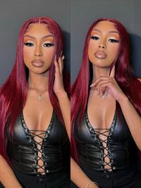 Layered Wig Straight Hair 99J Burgundy Pre Styled 13x6 Lace Front Human Hair Wigs
