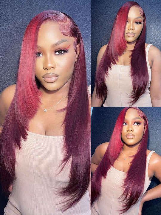 Layered Wig Straight Hair 99J Burgundy Pre Styled 13x6 Lace Front Human Hair Wigs