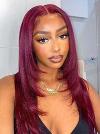 Layered Wig Straight Hair 99J Burgundy Pre Styled 13x6 Lace Front Human Hair Wigs