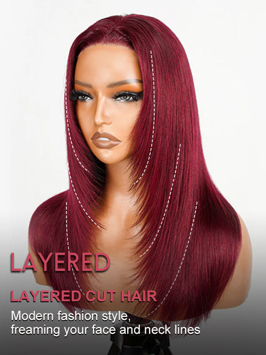 Layered Wig Straight Hair 99J Burgundy Pre Styled 13x6 Lace Front Human Hair Wigs