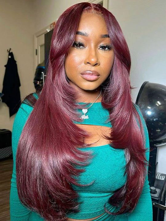 Layered Wig Straight Hair 99J Burgundy Pre Styled 13x6 Lace Front Human Hair Wigs