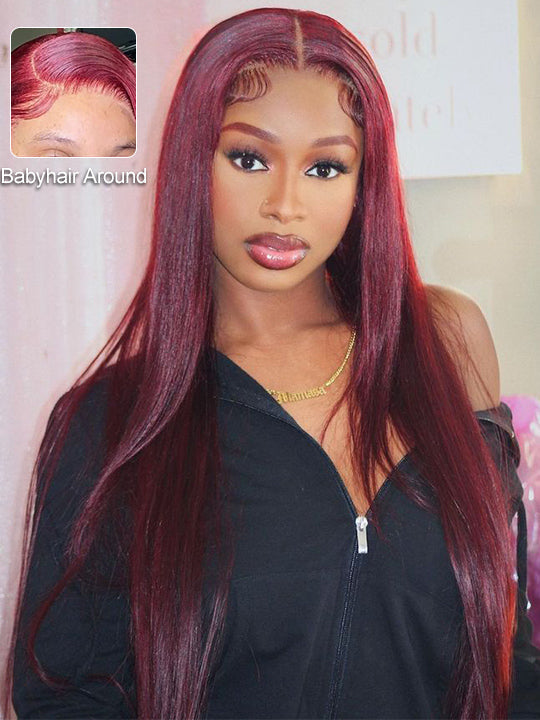 Kisslove Bleached Knots Burgundy Hair 360 Lace Frontal Wig Silky Straight Human Hair Wigs