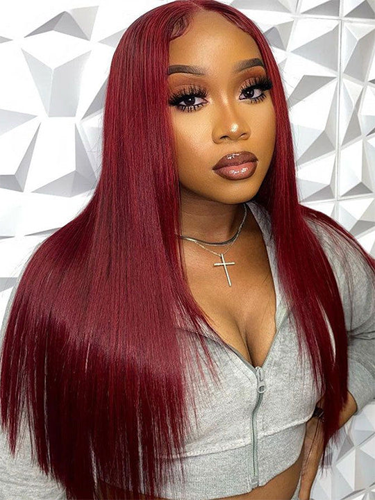 Layered Wig Straight Hair 99J Burgundy Pre Styled 13x6 Lace Front Human Hair Wigs