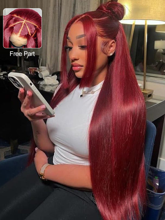 Layered Wig Straight Hair 99J Burgundy Pre Styled 13x6 Lace Front Human Hair Wigs