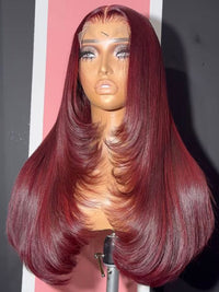 Layered Wig Straight Hair 99J Burgundy Pre Styled 13x6 Lace Front Human Hair Wigs