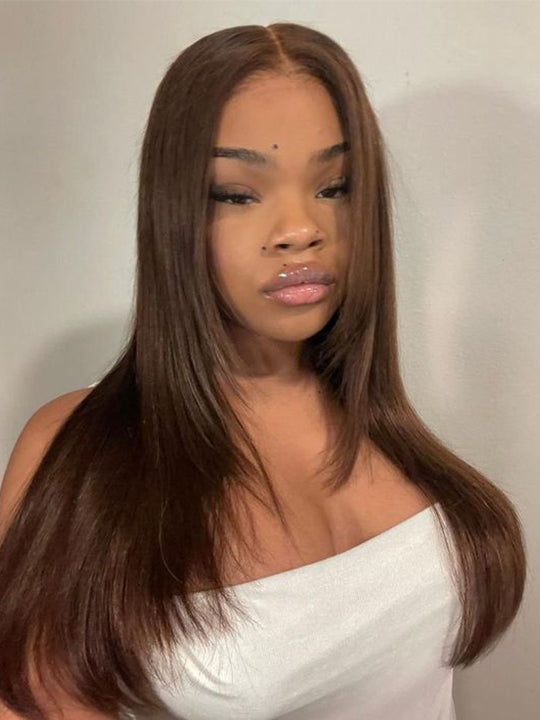 Layered #4 Chocolate Brown Wig Straight Hair 5x5 13x4 Lace Front Wigs Human Hair