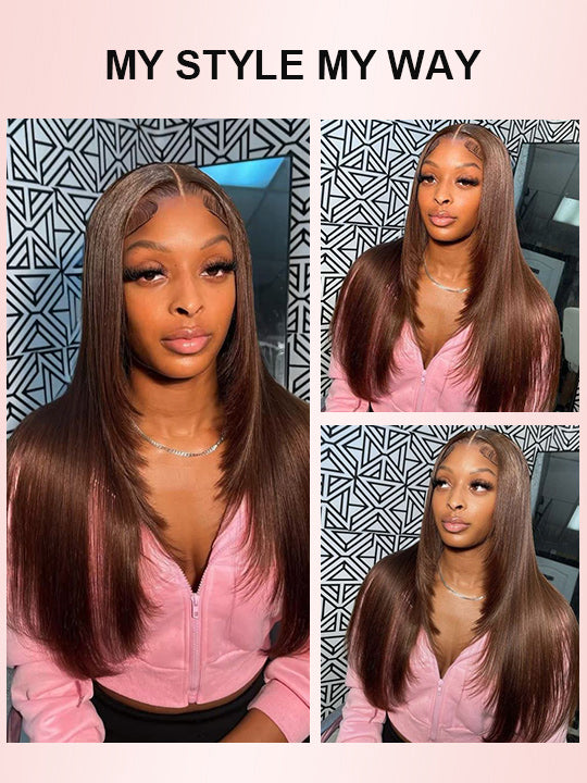 Layered #4 Chocolate Brown Wig Straight Hair 5x5 13x4 Lace Front Wigs Human Hair
