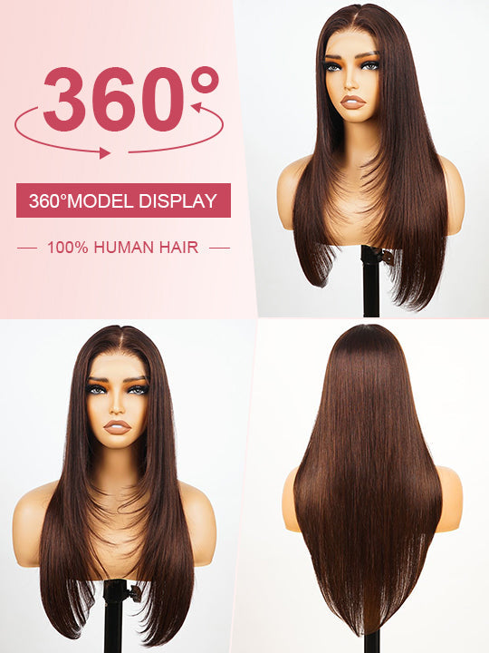 Layered #4 Chocolate Brown Wig Straight Hair 5x5 13x4 Lace Front Wigs Human Hair