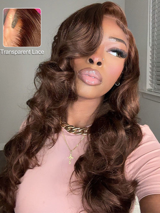 Layered Chocolate Brown Wig With Curtain Bangs 3D Body Wave 5x5 13x4 Lace Wigs
