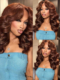 Layered Chocolate Brown Wig With Curtain Bangs 3D Body Wave 5x5 13x4 Lace Wigs