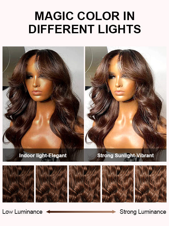 Layered Chocolate Brown Wig With Curtain Bangs 3D Body Wave 5x5 13x4 Lace Wigs