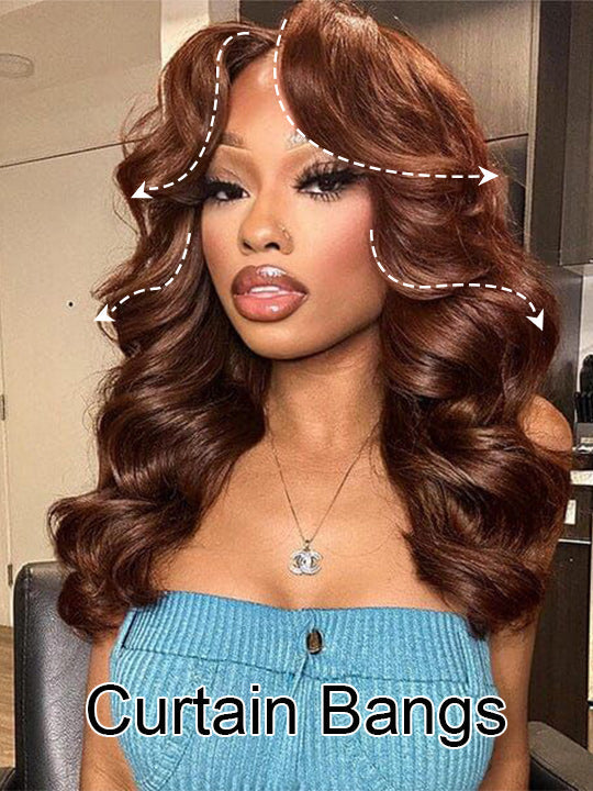 Layered Chocolate Brown Wig With Curtain Bangs 3D Body Wave 5x5 13x4 Lace Wigs