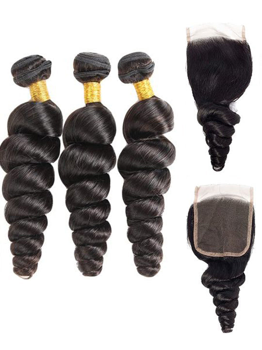 Loose Wave 3 Bundles With 4*4 Lace Closure 10A Brazilian Human Hair Weaves