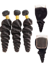 Loose Wave 3 Bundles With 4*4 Lace Closure 10A Brazilian Human Hair Weaves