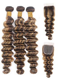 Bleached Knots Brown Highlighted Bundles With Closure Loose Deep Wave 12A Virgin Hair