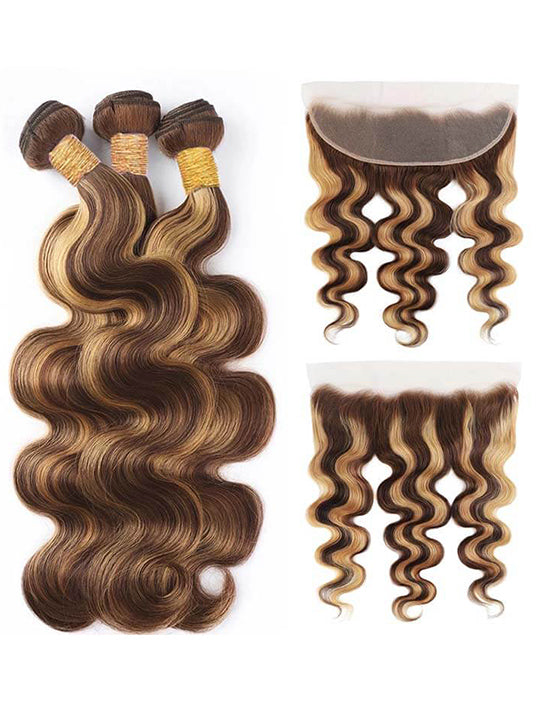 P4/27 Highlights Bundles With Frontal Body Wave 12A Brazilian Virgin Human Hair