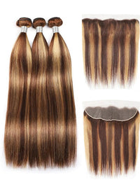 P4/27 Highlights Bundles With Frontal 12A Brazilian Straight Virgin Human Hair