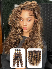 P4/27 Highlights Bundles With Frontal Loose Deep Wave Brazilian Colored Human Hair Extensions
