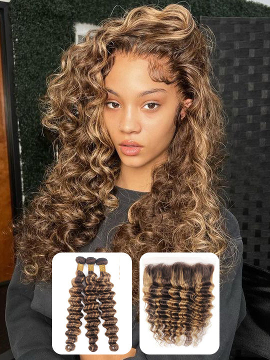P4/27 Highlights Bundles With Frontal Loose Deep Wave Brazilian Colored Human Hair Extensions
