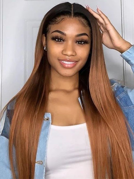 Ombre Brown Hair With Black Roots 5x5 13x4 13x6 Lace Wigs Straight Human Hair Wigs