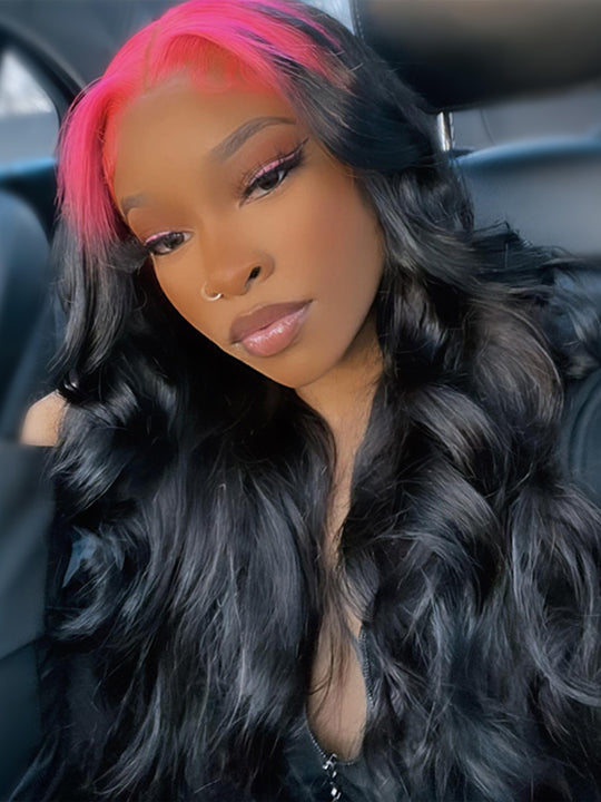 Red/Pink/Green Root Highlights 3D Body Wave Human Hair 13x4 HD Lace Wigs