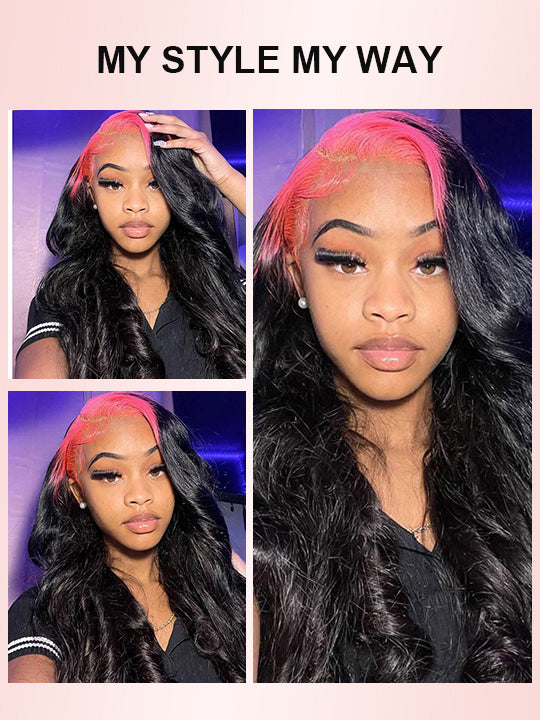 Red/Pink/Green Root Highlights 3D Body Wave Human Hair 13x4 HD Lace Wigs