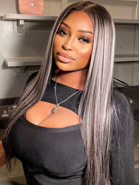 Platinum Blonde Highlights Straight Hair Piano Color 13x4 Transparent HD Lace Front Human Hair Wigs