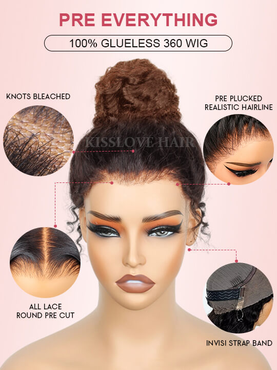 Kisslove Ombre Brown Glueless Water Wave Wig Chocolate Brown Hair Invisi-Drawstring Cap 360 Lace Wig