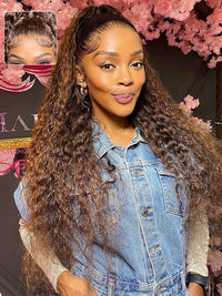 Kisslove Ombre Brown Glueless Water Wave Wig Chocolate Brown Hair Invisi-Drawstring Cap 360 Lace Wig