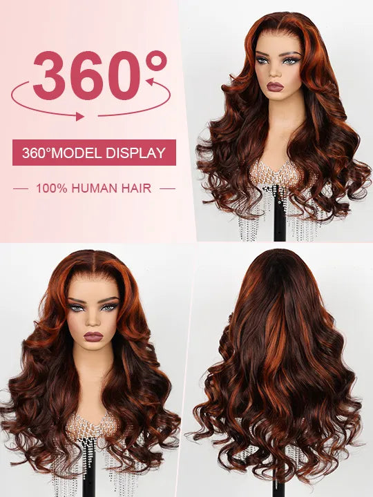 Glueless Chestnut Brown with Ginger Color Highlights Body Wave Full 13x4 13x6 Lace Frontal Human Hair Wigs