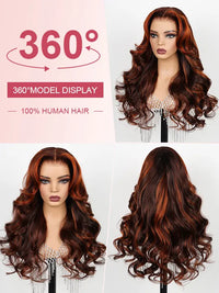 Glueless Chestnut Brown with Ginger Color Highlights Body Wave Full 13x4 13x6 Lace Frontal Human Hair Wigs