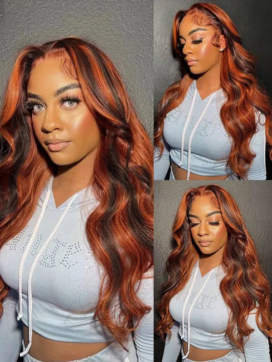 Glueless Chestnut Brown with Ginger Color Highlights Body Wave Full 13x4 13x6 Lace Frontal Human Hair Wigs