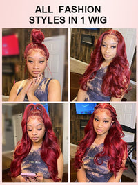 Kisslove Burgundy 360 Lace Frontal Wig Invisi-Drawstring 3D Body Wave Human Hair Wigs