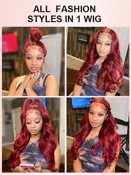 Kisslove Burgundy 360 Lace Frontal Wig Invisi-Drawstring 3D Body Wave Human Hair Wigs