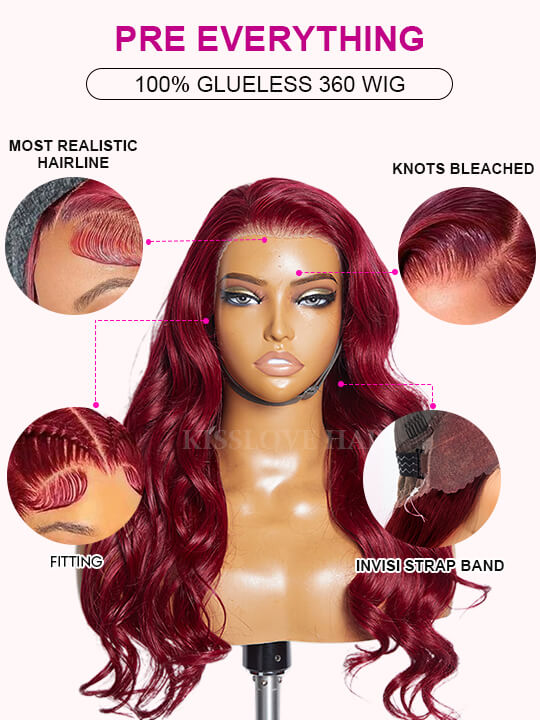 Kisslove Burgundy 360 Lace Frontal Wig Invisi-Drawstring 3D Body Wave Human Hair Wigs