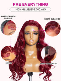 Kisslove Burgundy 360 Lace Frontal Wig Invisi-Drawstring 3D Body Wave Human Hair Wigs