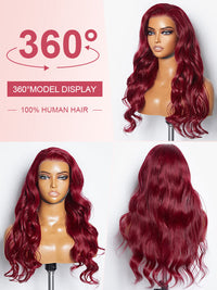 Kisslove Burgundy 360 Lace Frontal Wig Invisi-Drawstring 3D Body Wave Human Hair Wigs