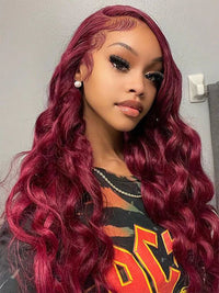 Kisslove Burgundy 360 Lace Frontal Wig Invisi-Drawstring 3D Body Wave Human Hair Wigs