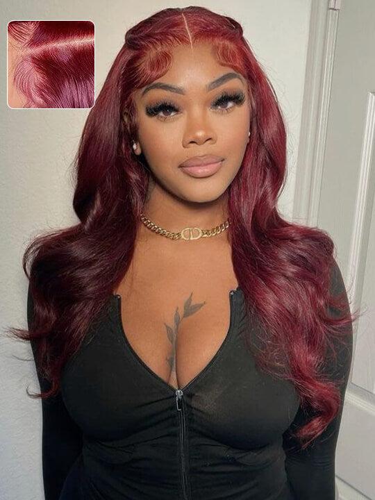 Kisslove Burgundy 360 Lace Frontal Wig Invisi-Drawstring 3D Body Wave Human Hair Wigs